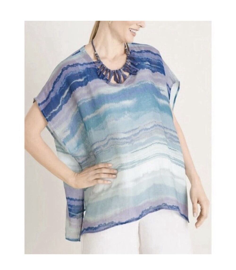 Chico's Mineral Wash Stripe Linen Poncho Top V-Neck Teal Purple Watercolor S/M